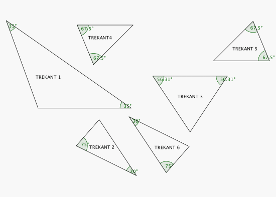 Seks trekanter der to av vinkelene i hver trekant er oppgitt.
Trekant 1: 35 grader og 35 grader
Trekant 2: 75 grader og 30 grader
Trekant 3: 56,31 grader og 56,31 grader
Trekant 4: 67,5 grader og 67,5 grader
Trekant 5: 67,5 grader og 67,5 grader
Trekant 6: 30 grader og 75 grader
